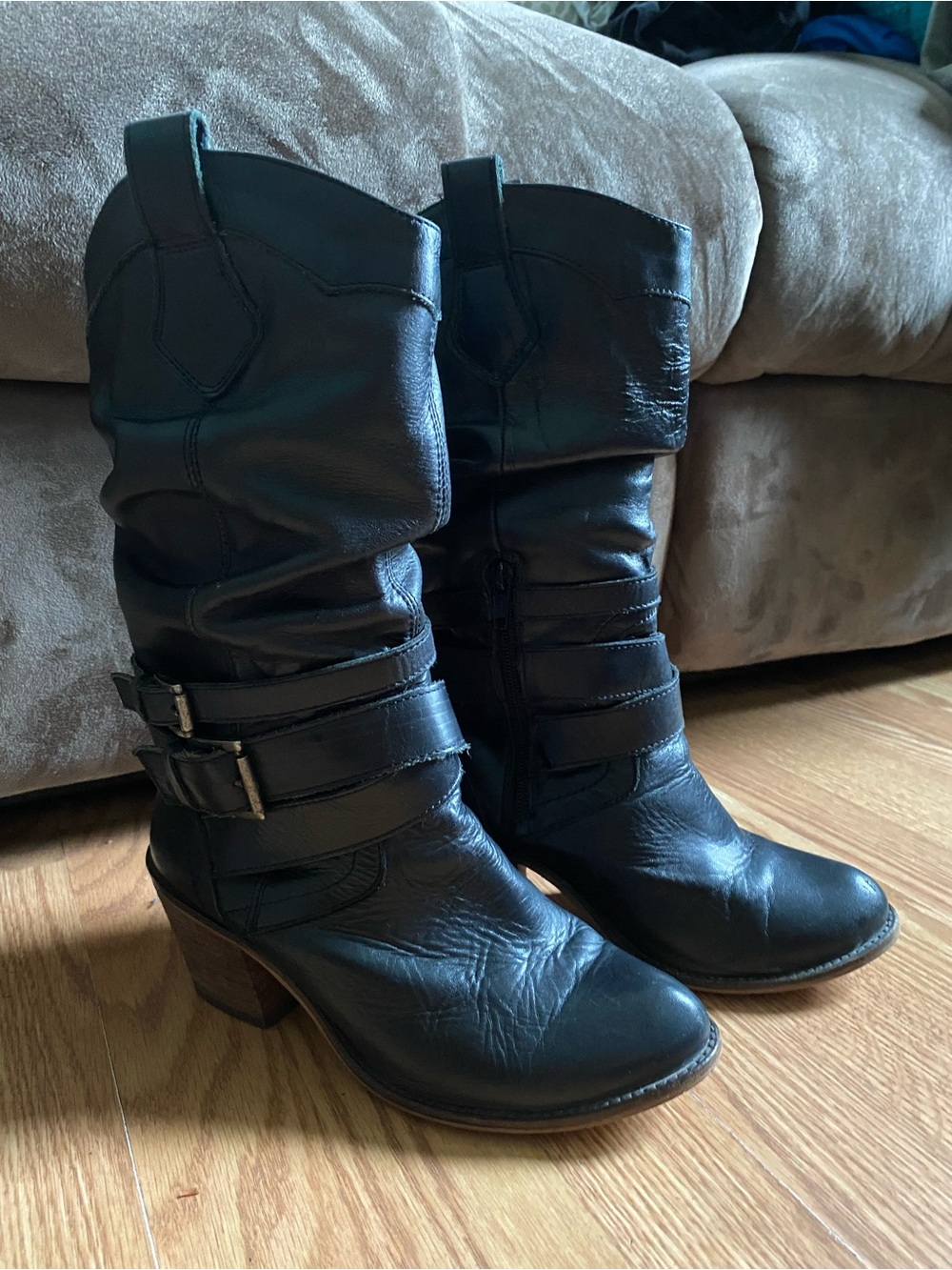 Aldo Black Leather Mid-Calf Buckle Heeled Boots